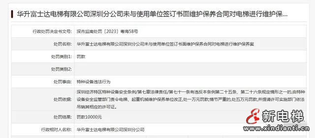 某电梯公司深圳分公司因未与使用单位签订书面维护保养合同对电梯进行维护保养被市场监管部门处罚(图1) 微信图片编辑_20231130091848