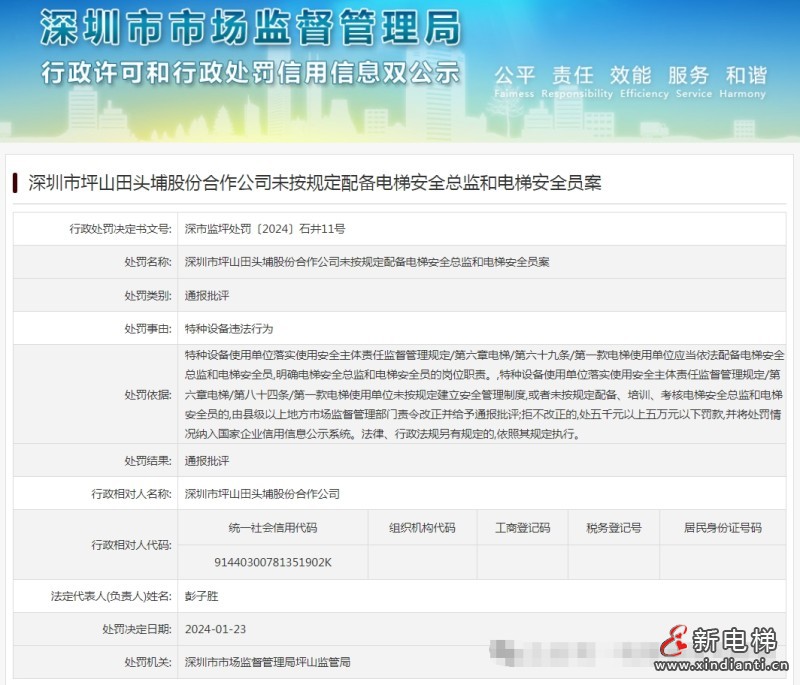 深圳市坪山田头埔股份合作公司未按规定配备电梯安全总监和电梯安全员!通报批评!(图1) 微信图片编辑_20240131092510