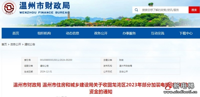 不符合补助要求的加装电梯财政补助资金7.8万元被温州市住房和城乡建设局收回