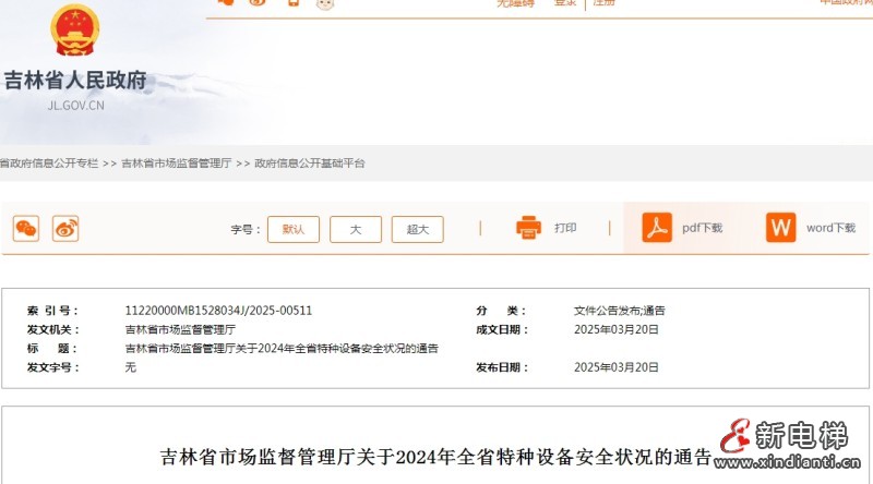 吉林省市监管理关于2024年全省特种设备安全状况的通告 全省未发生事故