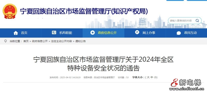 宁夏市监发布了2024年全区特种设备安全状况的通告 特种设备总量167,720台（套）其中电梯65,370台