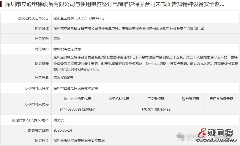 深圳某电梯公司签订电梯维护保养合同未书面告知罚款10000元