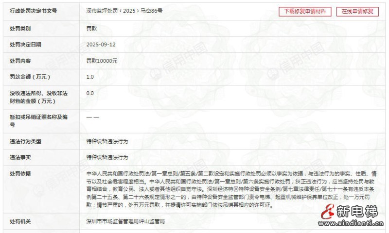 日立电梯深圳分公司接到困人故障通知后未及时赶到现场救援罚款10000元