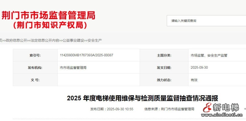 湖北荆门市监局发布2025年度电梯使用维保与检测质量监督抽查情况