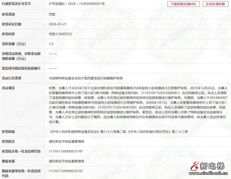 伪造维保记录、涉及数十台电梯！迅达电梯再领罚单
